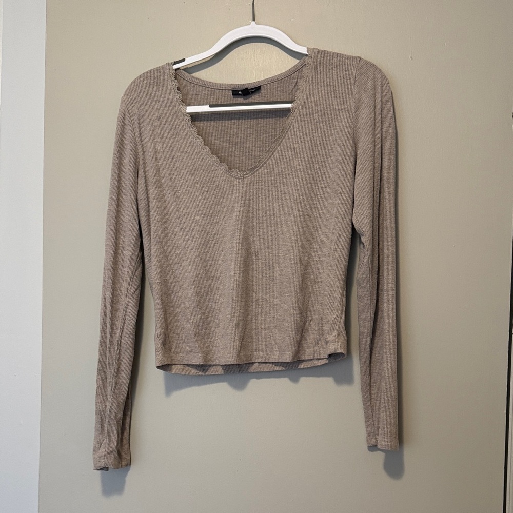 Women's Tan Long Sleeve Top with Lace Detail